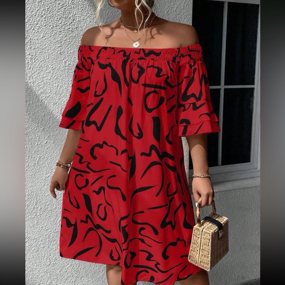 Boho plus size off shoulder flounce sleeve dress - Picture 9 of 12